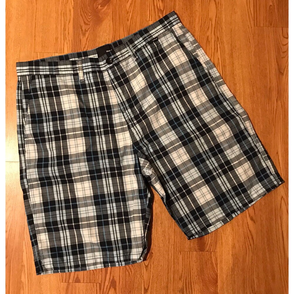 Hurley Men's Shorts Size 38 Blue White Plaid Polyester Blend Pockets Zip Fly